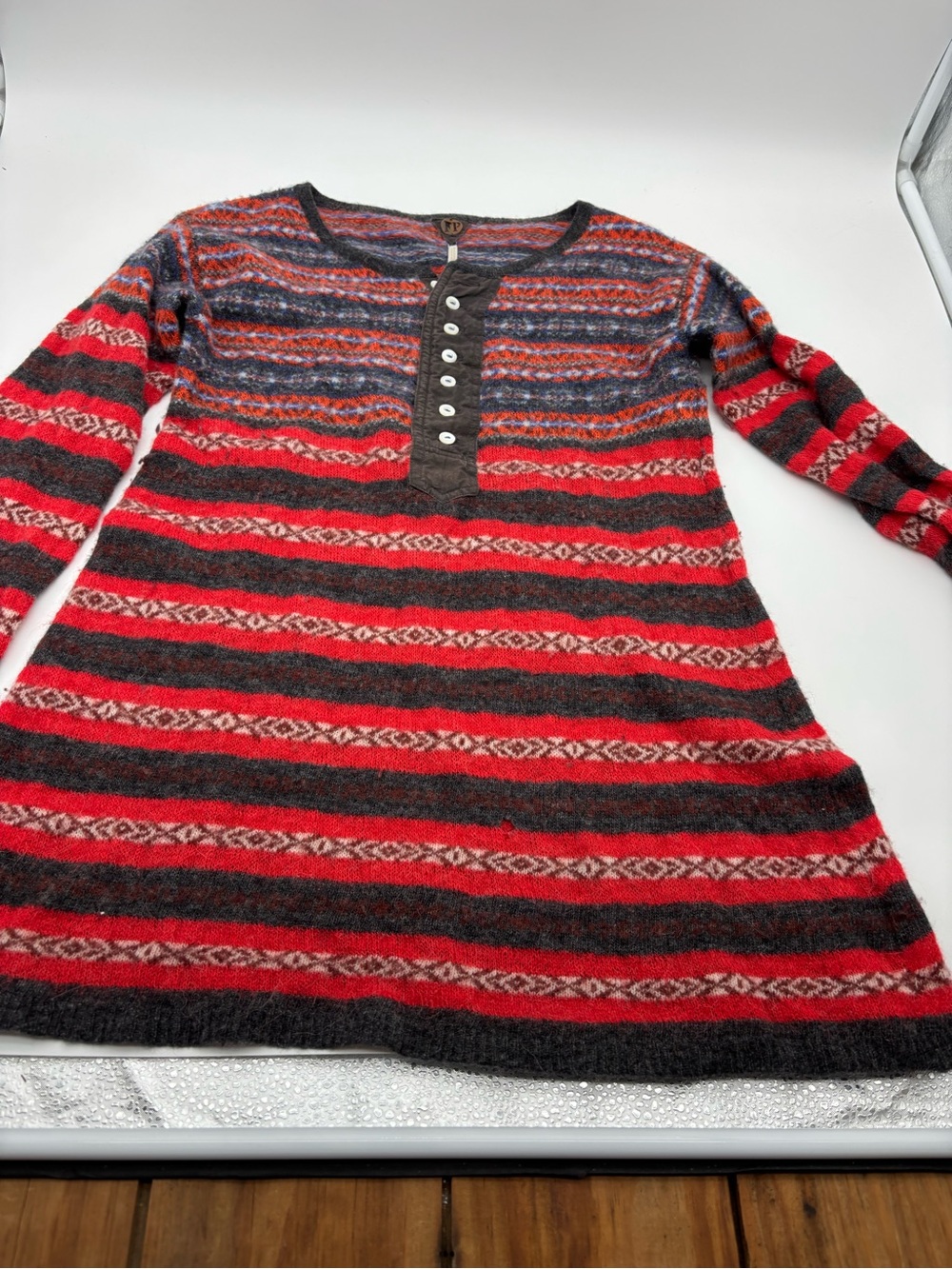 Free People Red and Charcoal Striped Henley Tunic Sweater
